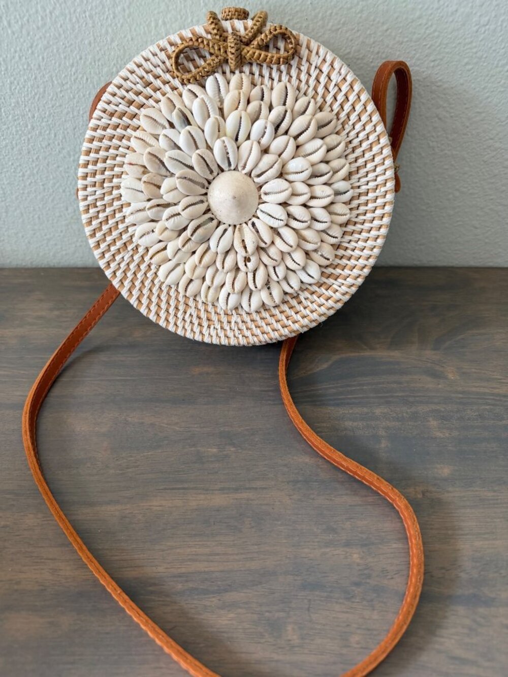Anthropologie Round Rattan Crossbody Bag Purse Cowrie Shell Beach Theme